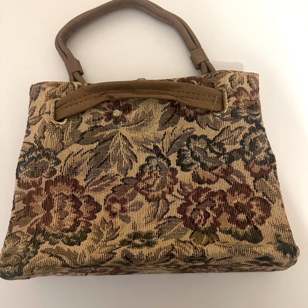 Vintage  Dover Tan Floral Tapestry Needlepoint Carpet Trapezoid Bag